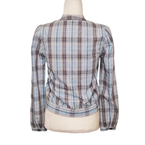 Split Women Blue Plaid Print Button Bomber Jacket Size XS - Picture 3 of 12